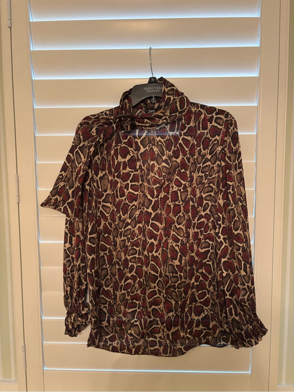 Zara Burgundy and Beige Animal-Print Tie-Neck Blouse
